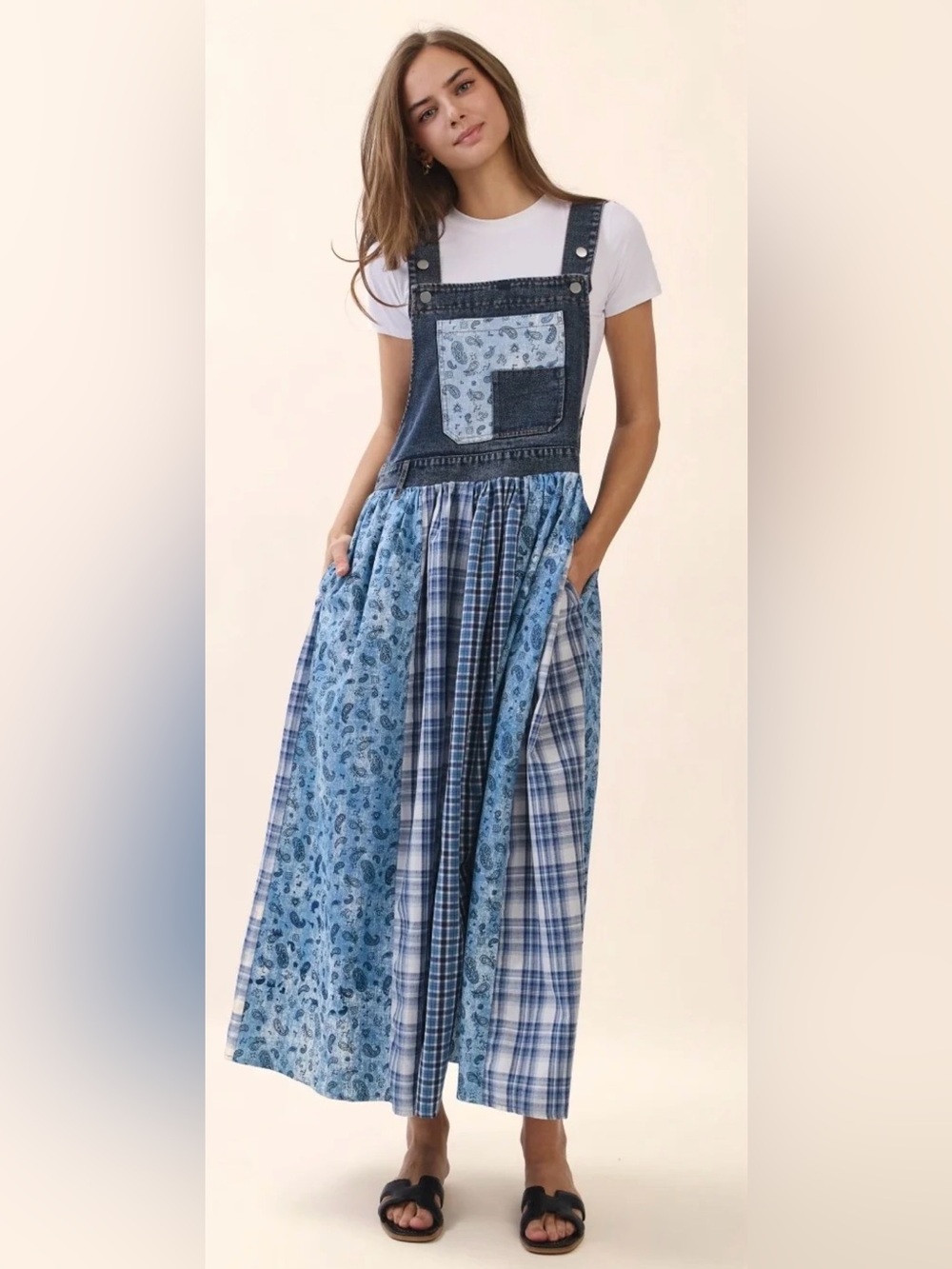 Oddi Blue Patchwork Denim Bib Maxi Dress Size medium